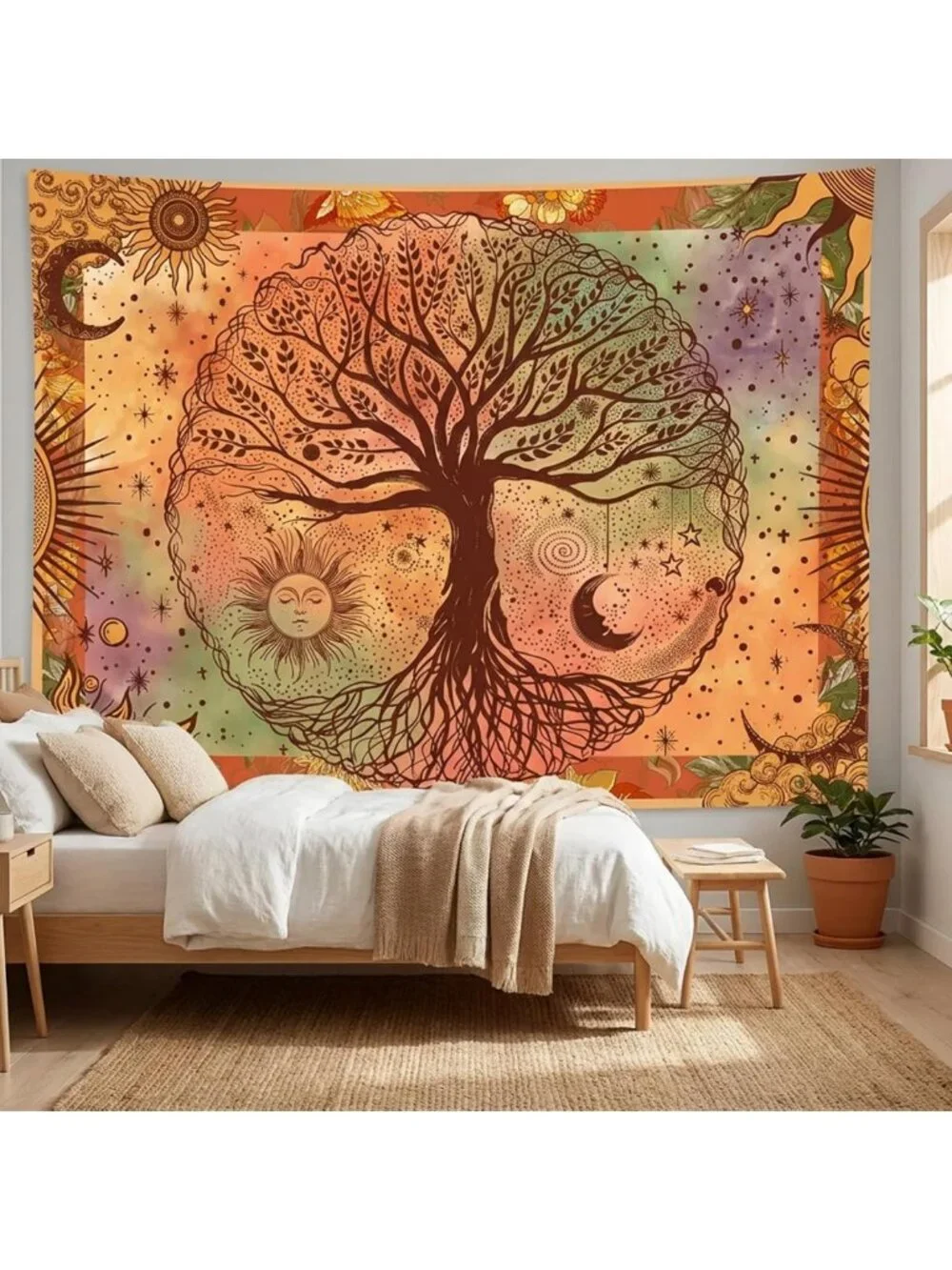 Boho Orange Tree of Life Tapestry - Sun Moon Stars Aesthetic Home Decor, 60x80